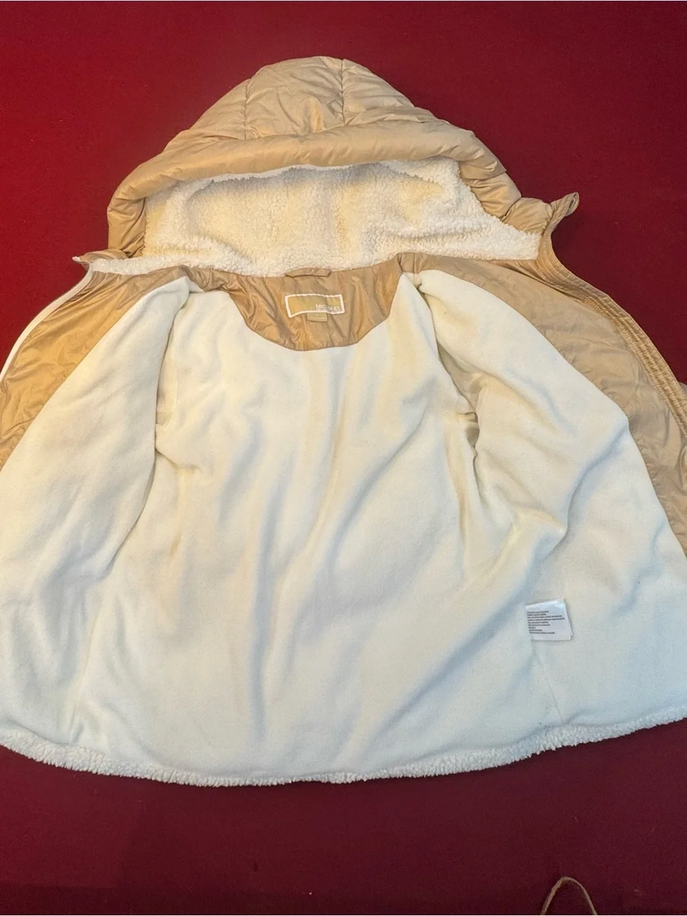MICHAEL by Michael Kors Girl’s Sherpa Trim Hooded Puffer Jacket - Cream/Tan (14)